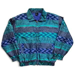 Vintage 80s 90s Silk Tribal Geometric Teal Green Blue Windbreaker Jacket African